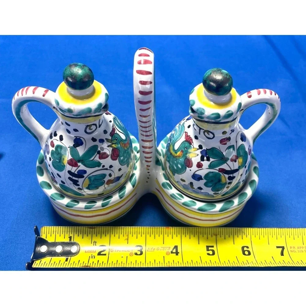 Lorenzaccio Deruta Italy Majolica Green Rooster Lg. Spoon Rest O & V Cruet Set
